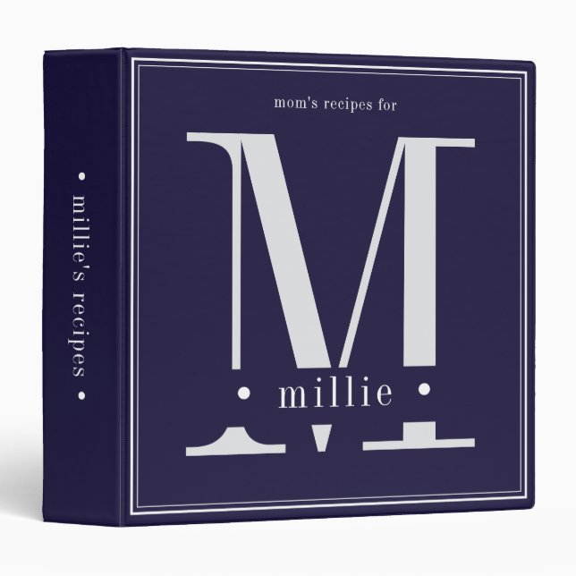 Minimal Blue White Monogram Mom's Recipes Binder (Front/Spine)