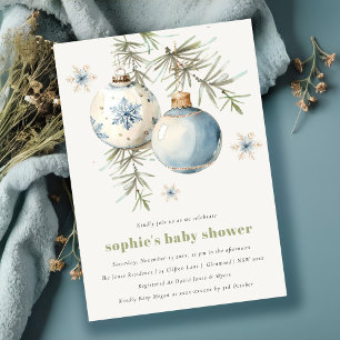 Minimal Blue Winter Chirstmas Boy Baby Shower Invitation