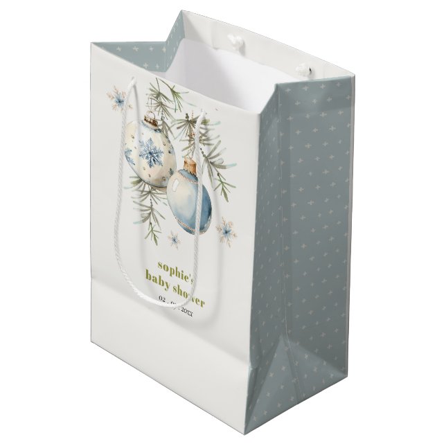 Minimal Blue Winter Chirstmas Boy Baby Shower Medium Gift Bag (Front Angled)