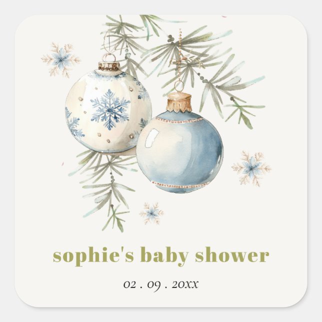 Minimal Blue Winter Chirstmas Boy Baby Shower Square Sticker (Front)