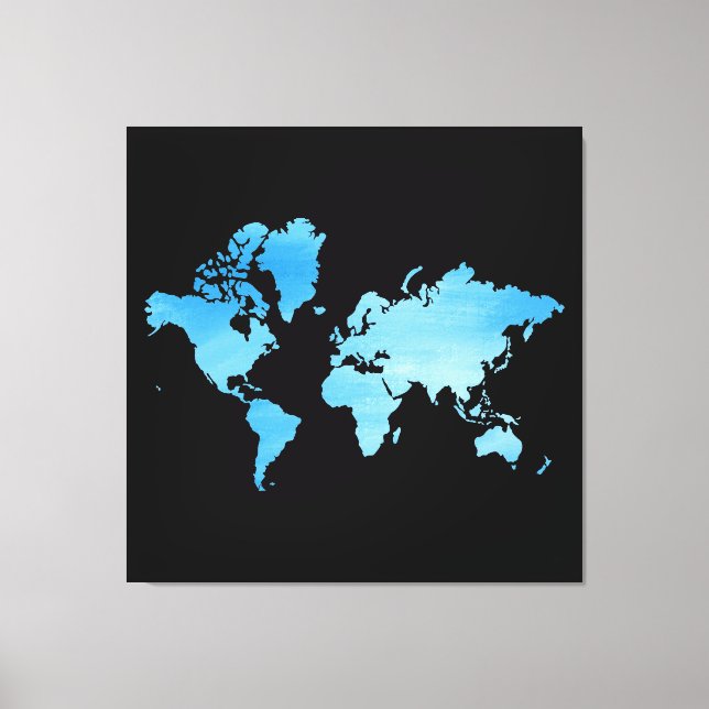 Minimal Blue World Map Watercolor Art Canvas Print (Front)