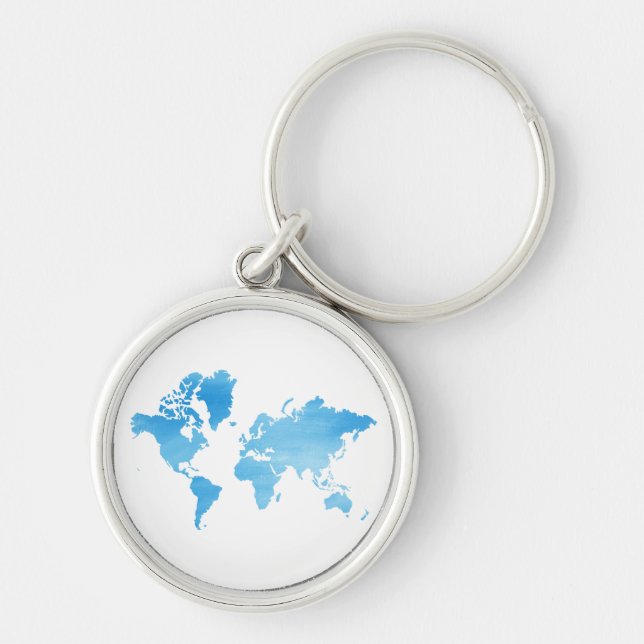 Minimal Blue World Map Watercolor Art Keychain (Front)