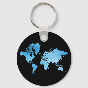 Minimal Blue World Map Watercolor Art Keychain