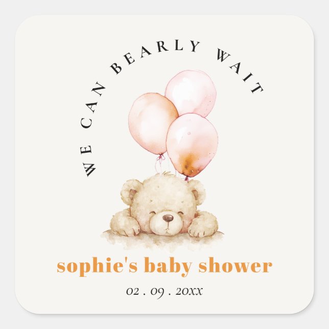  Minimal Blush Bearly Wait Balloon Baby Shower Square Sticker (Front)