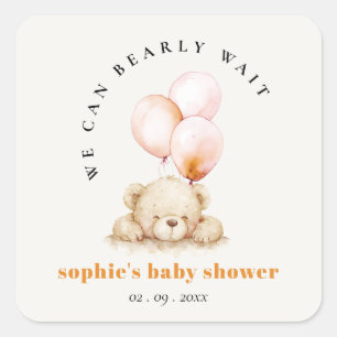  Minimal Blush Bearly Wait Balloon Baby Shower Square Sticker
