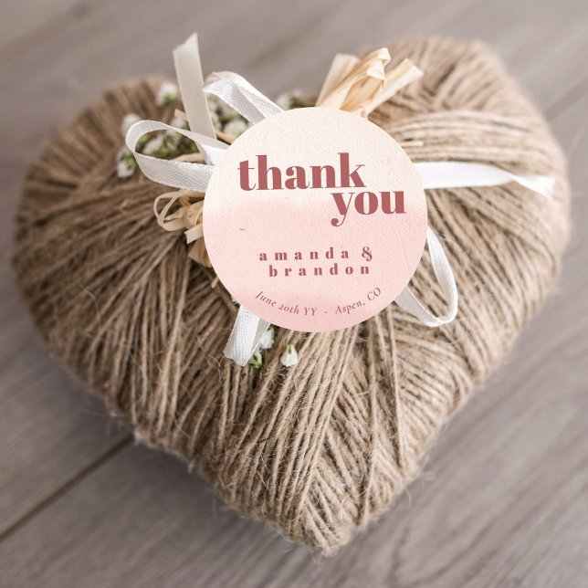 Minimal Blush Bloom Bold Script Wedding Thank You Classic Round Sticker (Creator Uploaded)