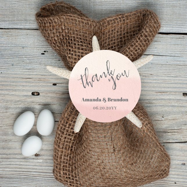 Minimal Blush Bloom Bold Script Wedding Thank You Classic Round Sticker (Creator Uploaded)