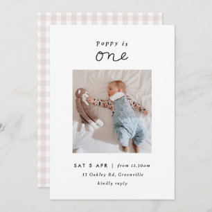 Minimal Blush Gingham Photo 1st Birthday Invite