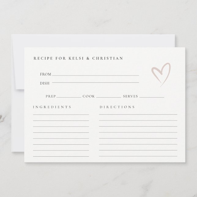 Minimal Blush Heart Bridal Shower Recipe Request Card (Front)