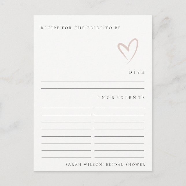 Minimal Blush Heart Bridal Shower Recipe Request Postcard (Front)