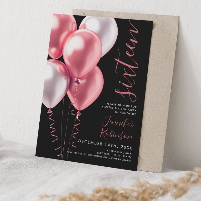 Minimal Blush Pink Balloons Sweet 16 Birthday Blac Invitation (Minimal Blush Pink Balloons Sweet 16 Birthday Black Invitation)