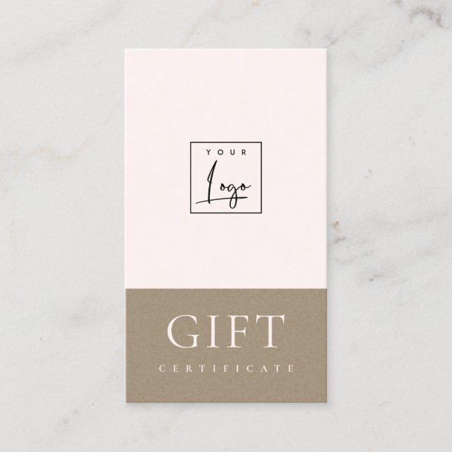 Minimal Blush Pink Kraft Logo Gift Certificate (Front)