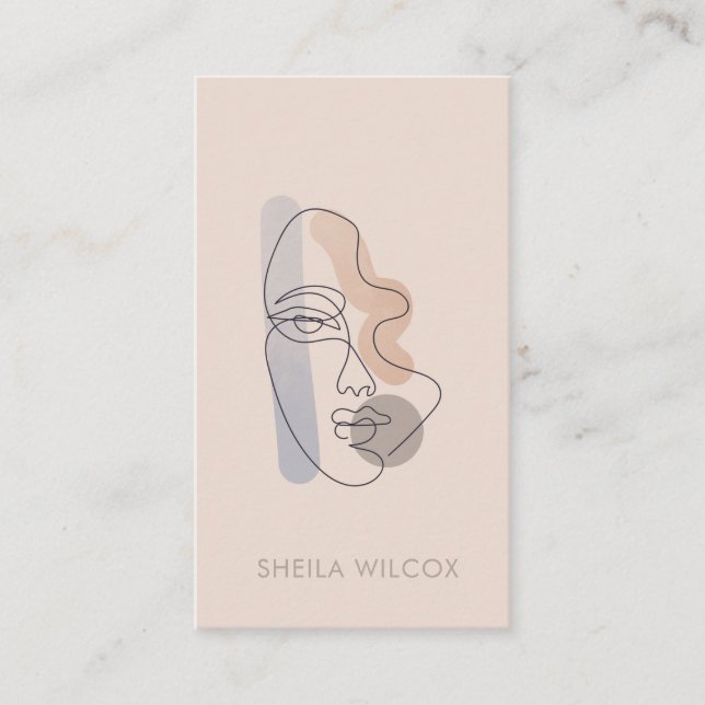 Minimal Blush Pink Line Art Lady Business Card  (Front)