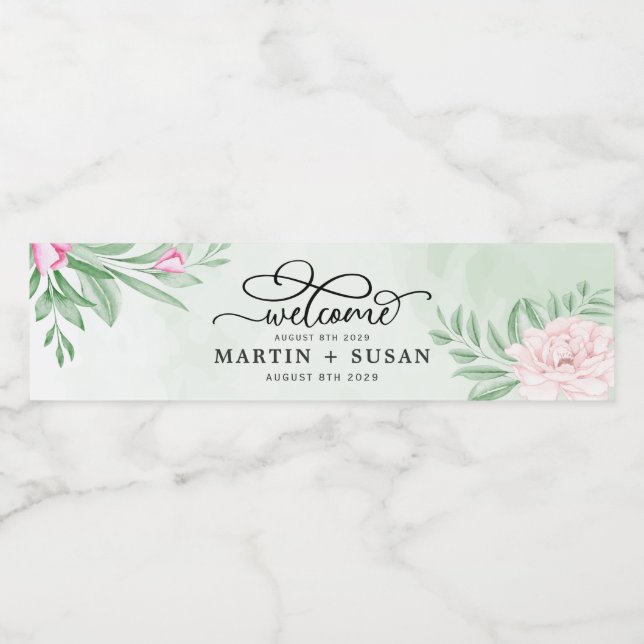 Minimal Blush Pink Rose Floral Eucalyptus Wedding Water Bottle Label (Single Label)