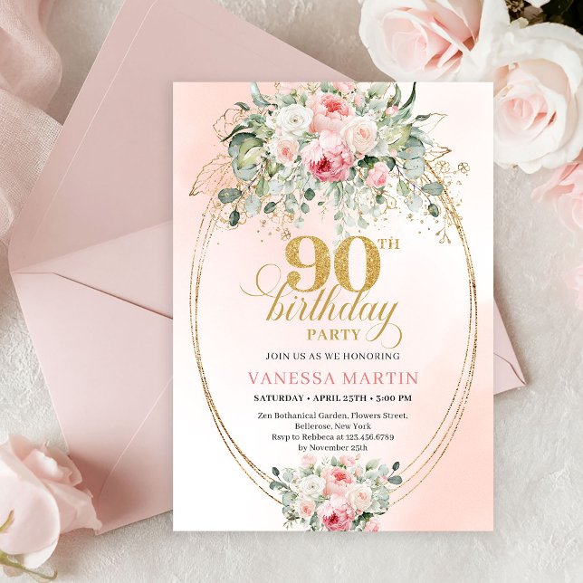 Minimal Blush Rose Gold 90th Birthday Party Invite (Minimal Blush Rose Gold 90th Birthday Party Invitation)