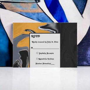 Minimal Bohemian Black Gold Artsy Abstract Wedding RSVP Card