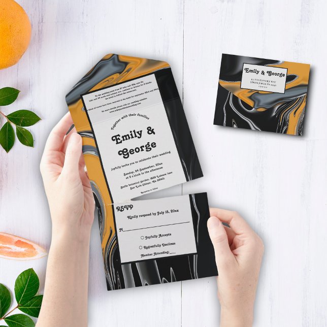 Minimal Boho Black Gold Artistic Abstract Wedding All In One Invitation (Creator Uploaded)