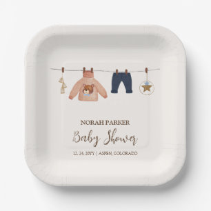 Minimal Boho Boy Winter Clothesline Baby Shower  Paper Plate