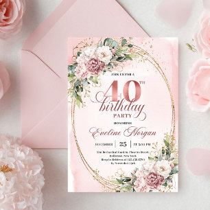 Minimal Boho Dusty Pink Floral Gold 40th Birthday Invitation