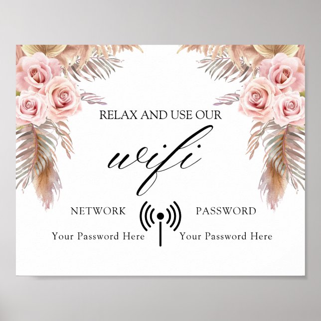 Minimal Boho Floral Wedding Wifi Poster (Front)