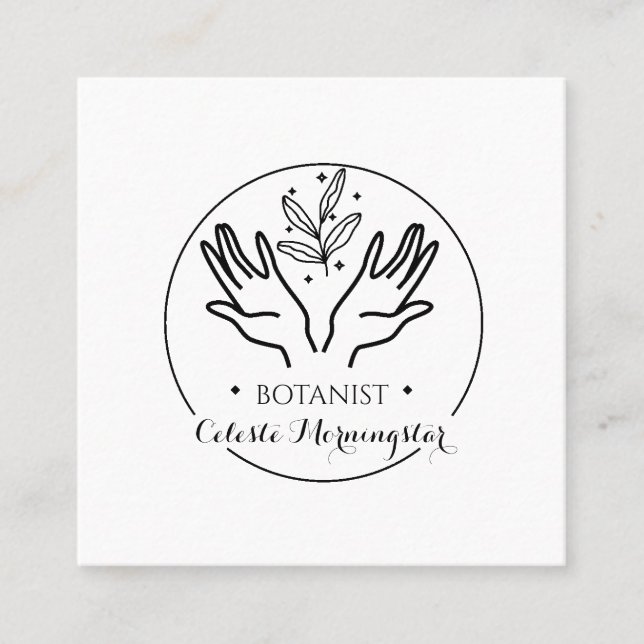 Minimal Boho Hand & Leaves Botanist Logo Square Bu Business Card (Front)