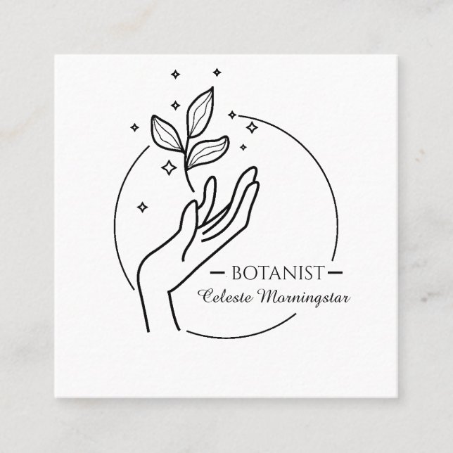 Minimal Boho Hand & Leaves Botanist Logo Square Business Card (Front)
