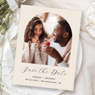 Minimal Boho Photo Arch Beige reen Save the Date Postcard