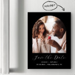 Minimal Boho Photo Arch Black Save the Date Magnetic Invitation<br><div class="desc">This simple,  minimalist boho Save the Date magnetic card features an arch-shaped photo above the words "Save the Date" in elegant white handwriting script,  followed by the couple's names,  wedding date and city in sans serif font on a black background.</div>