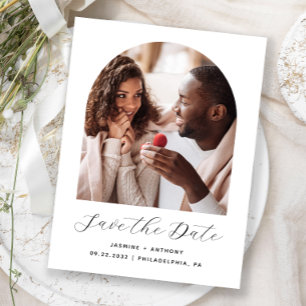 Minimal Boho Photo Arch Black White Save the Date Postcard