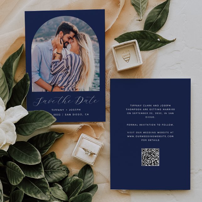 Minimal Boho Photo Arch QR Code Navy Blue Script Save The Date (Creator Uploaded)