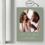 Minimal Boho Photo Arch Sage Green Save the Date Magnetic Invitation<br><div class="desc">This simple,  minimalist boho Save the Date magnetic card features an arch-shaped photo above the words "Save the Date" in elegant white handwriting script,  followed by the couple's names,  wedding date and city in sans serif font on a sage green background.</div>