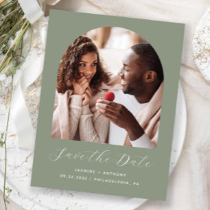 Minimal Boho Photo Arch Sage Green Save the Date Postcard