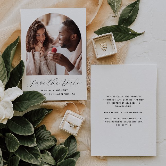 Minimal Boho Photo Arch Script Black and White Save The Date (Creator Uploaded)