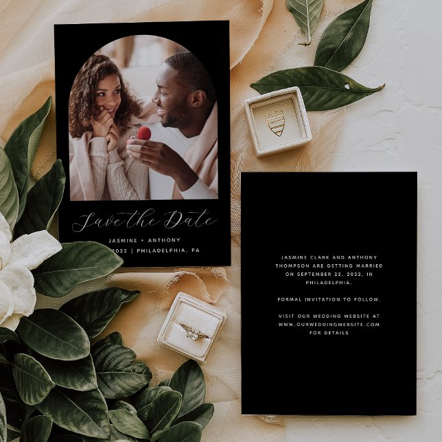Minimal Boho Photo Arch Script Black Save The Date (Creator Uploaded)