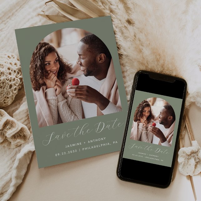 Minimal Boho Photo Arch Script Sage Green Save The Date (Creator Uploaded)
