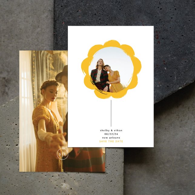 minimal boho retro brushstroke flower frame photo save the date (Creator Uploaded)