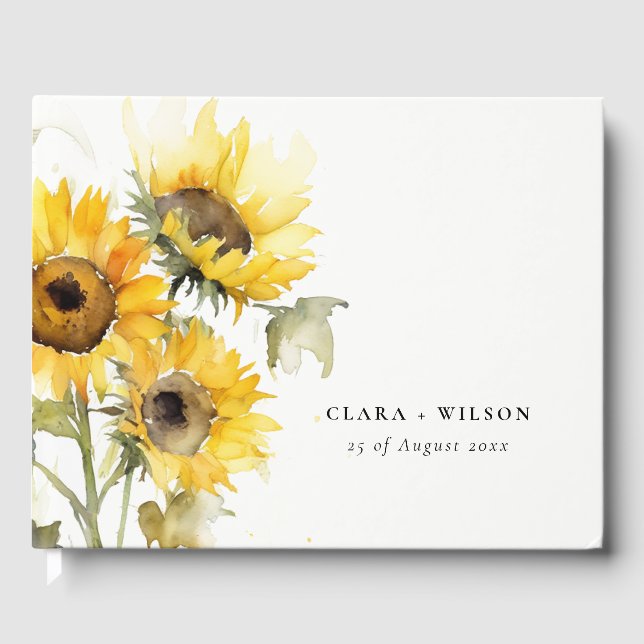 Minimal Boho Watercolor Sunflower Rustic Wedding Guest Book (Front)
