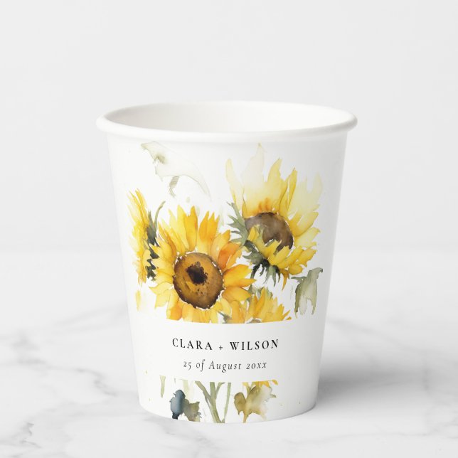 Minimal Boho Watercolor Sunflower Rustic Wedding Paper Cups (Front)