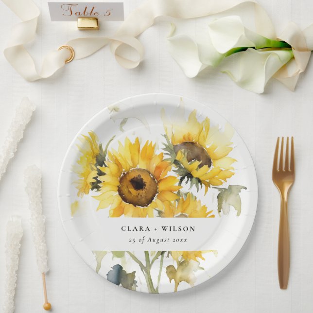Minimal Boho Watercolor Sunflower Rustic Wedding Paper Plate (Wedding)