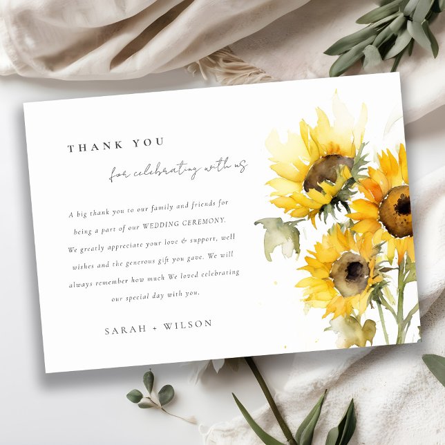 Minimal Boho Watercolor Sunflower Rustic Wedding Thank You Card (Creator Uploaded)
