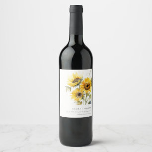 Minimal Boho Watercolor Sunflower Rustic Wedding Wine Label
