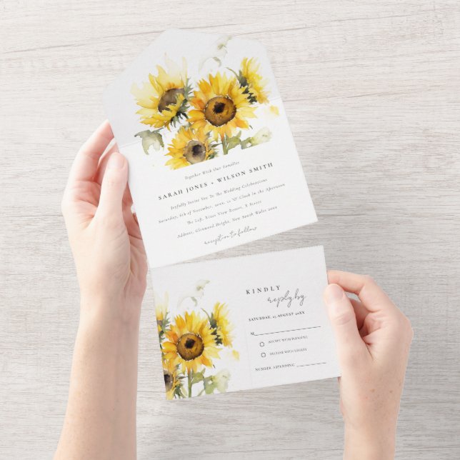 Minimal Boho Watercolor Sunflower Wedding All In One Invitation (Tearaway)