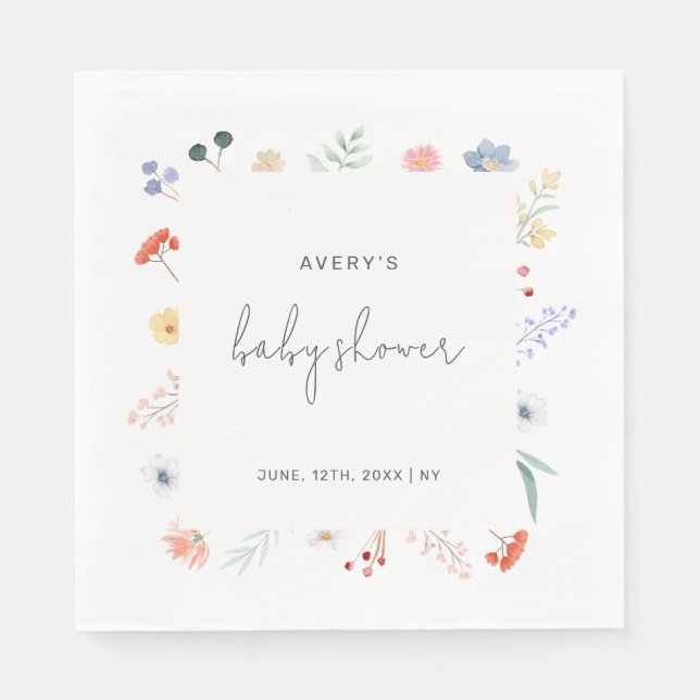 Minimal Boho Wildflower Frame Baby Shower  Napkin (Front)
