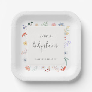 Minimal Boho Wildflower Frame Baby Shower  Paper Plate