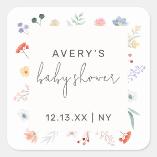 Minimal Boho Wildflower Frame Baby Shower Square Sticker