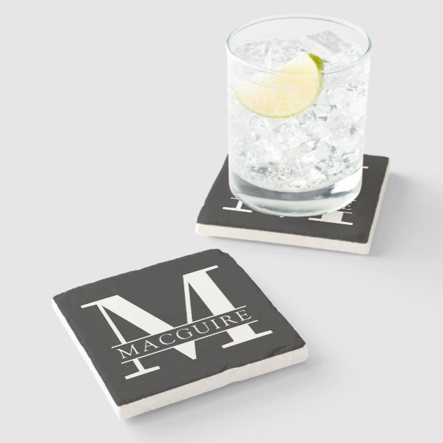 Minimal Bold Monogram with Name | Black Stone Coaster (Side)