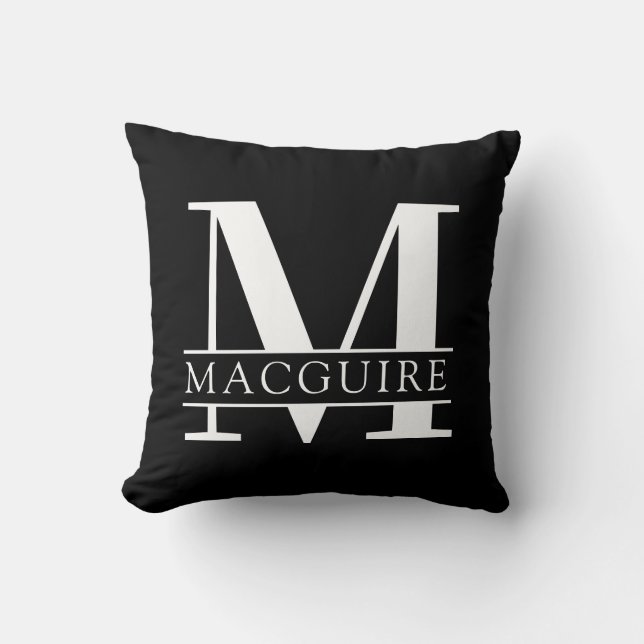 Minimal Bold Monogram with Name | Black Throw Pillow (Front)