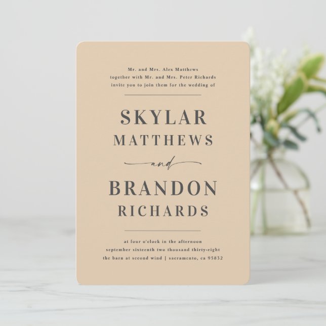 Minimal Bold Names Golden Yellow Simple Wedding Invitation (Standing Front)