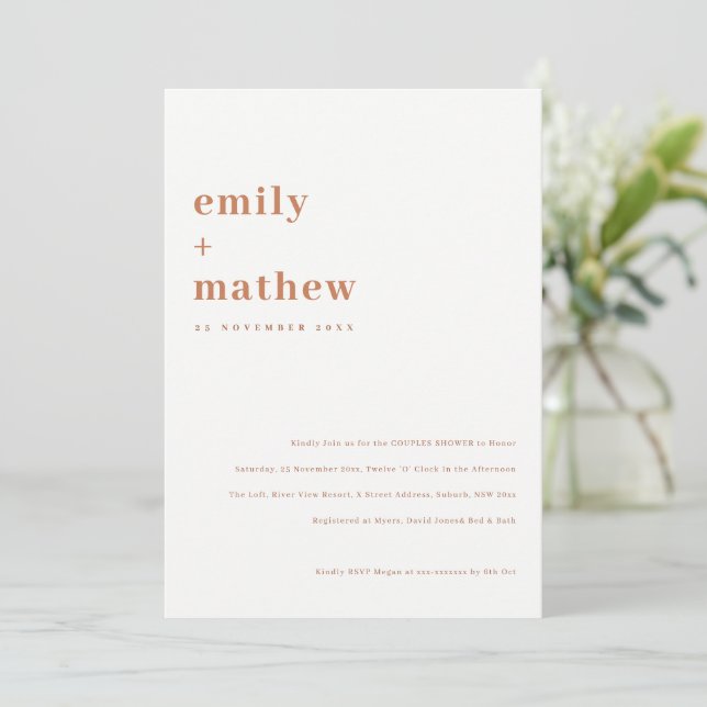 Minimal Bold Rust Orange Typography Couples Shower Invitation (Standing Front)