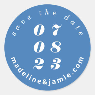 Minimal Bold Wedding Date Save the Date Blue Classic Round Sticker